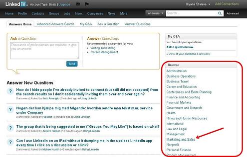 LinkedIn answers categories-marketing and sales